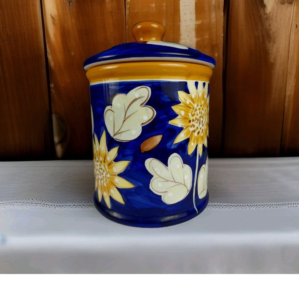 Ceramic Cookie Jar/Canister - Hand Painted Cobalt Blue & Yellow Flower